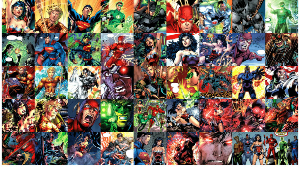 Dynamic Justice League comics collage wallpaper with vibrant superhero action scenes background