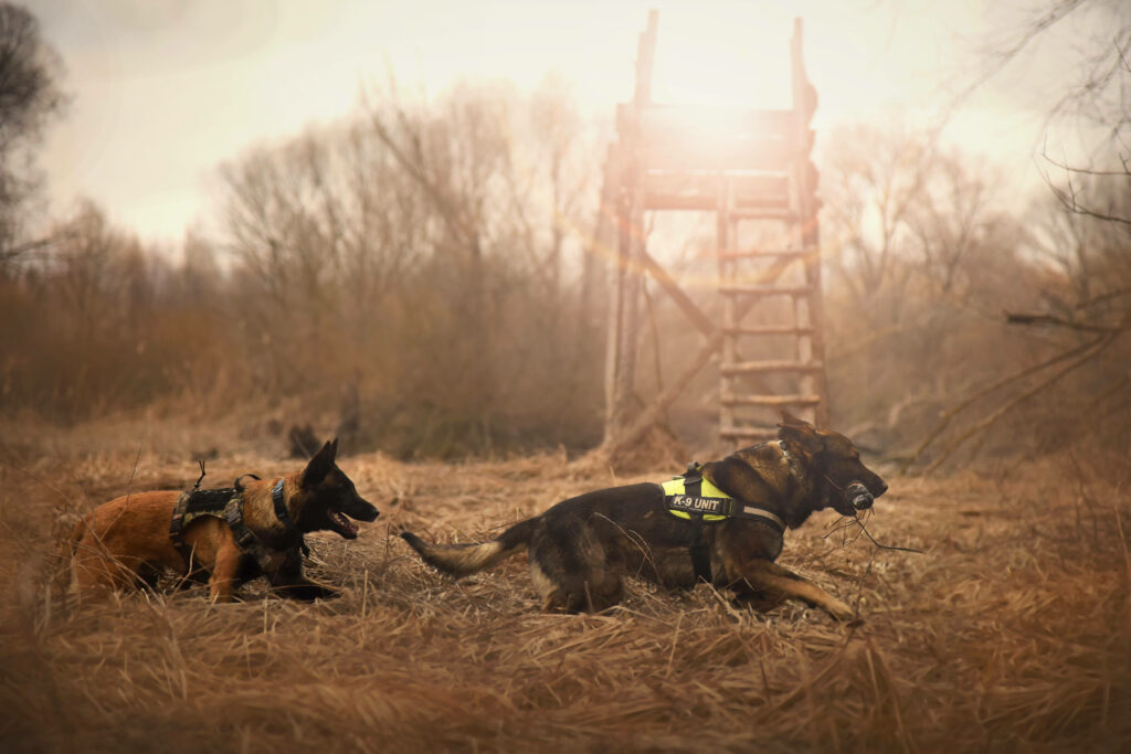 Dynamic K9 German Shepherds Playing in Serene Open Field Wallpaper