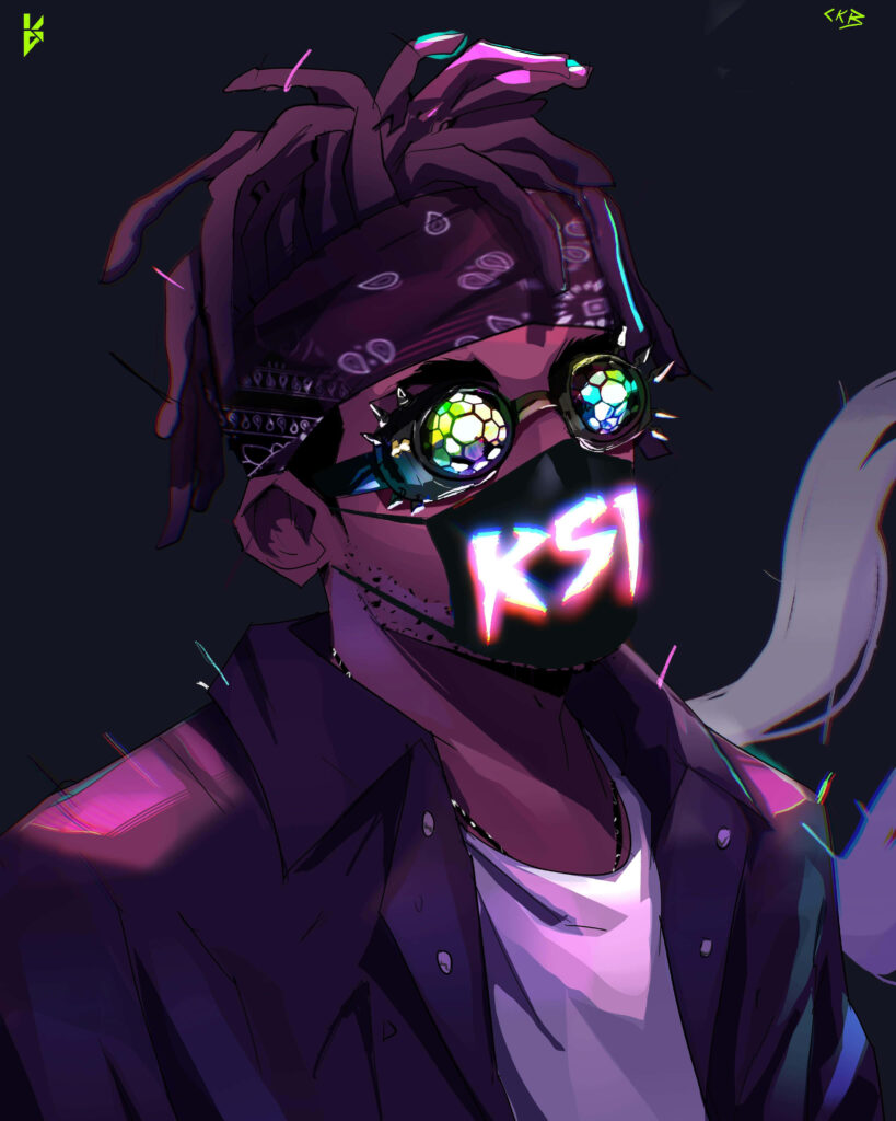 Stylized digital portrait of KSI with futuristic glasses and glowing mask vibrant wallpaper background
