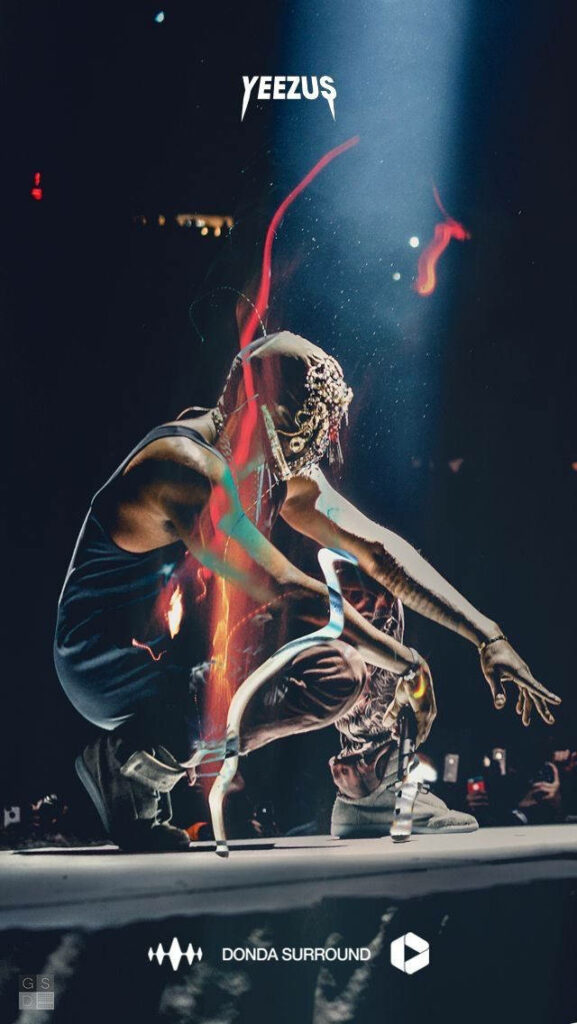 Dynamic Kanye West Wallpaper: Crouched Pose & Vibrant Lighting Art