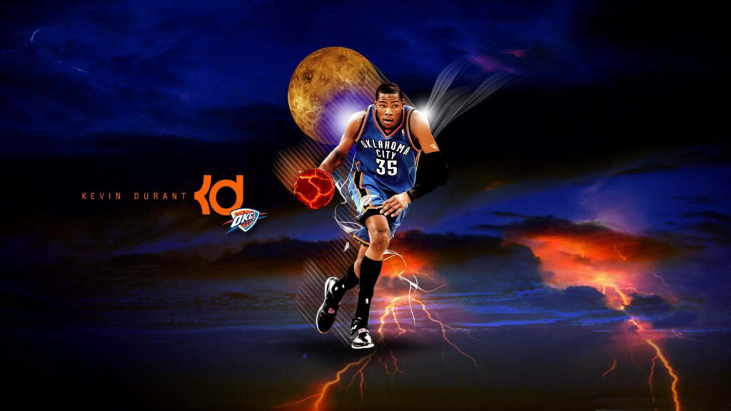 Kevin Durant Thunder Jersey Wallpaper: Electrifying Night Sky Scene