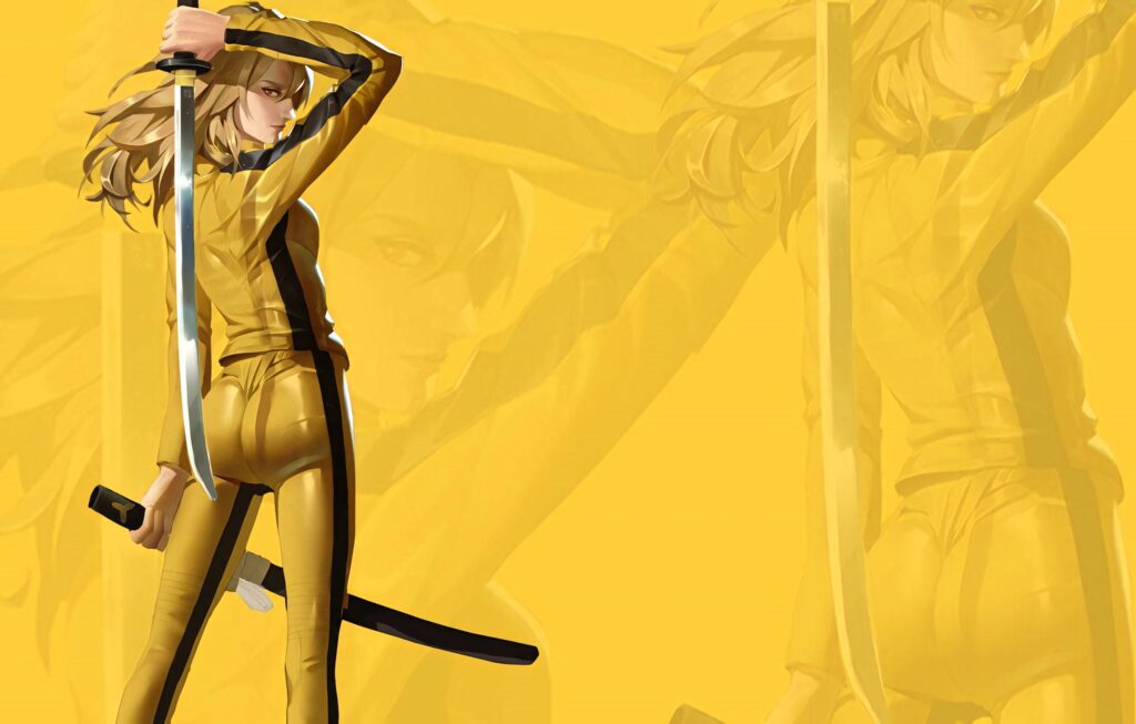 Kill Bill wallpaper with iconic character striking pose wielding katana on bold yellow background