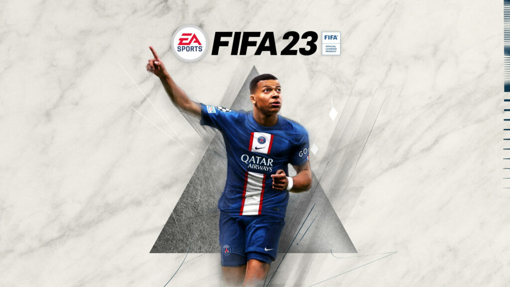 Kylian Mbappe PSG Wallpaper: Dynamic FIFA 23 Design on Marble