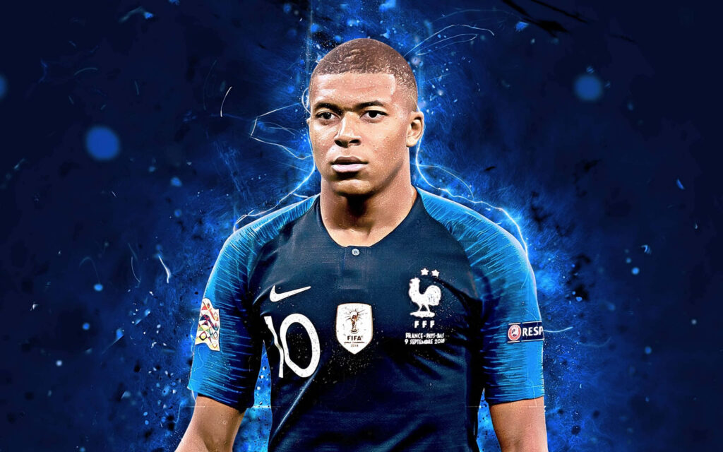 Dynamic Wallpaper of Kylian Mbappé in Action - Blue Background