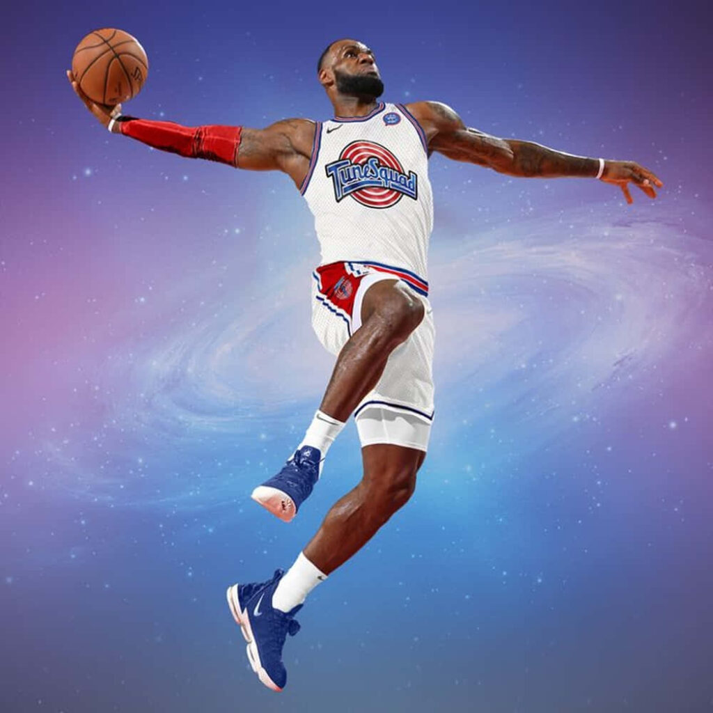 LeBron James Dunk in Tune Squad Jersey - Cosmic Wallpaper Background
