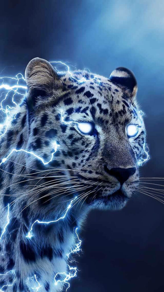Intense Leopard Wallpaper: Bold Blue Lightning on Dark Background