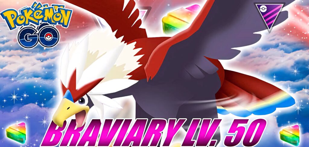 Level 50 Braviary soaring through vibrant skies with Pokémon GO branding and rainbow Ultra Balls Wallpaper