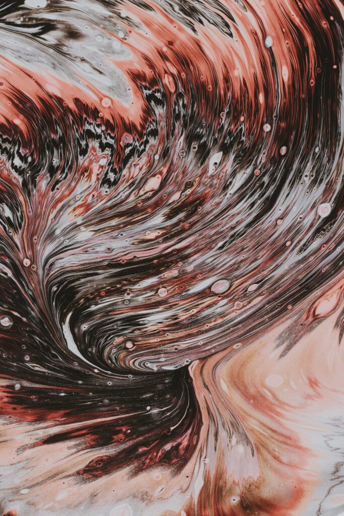 Abstract Liquid Paint Swirl Wallpaper in Rich Black, White, & Reddish-Brown