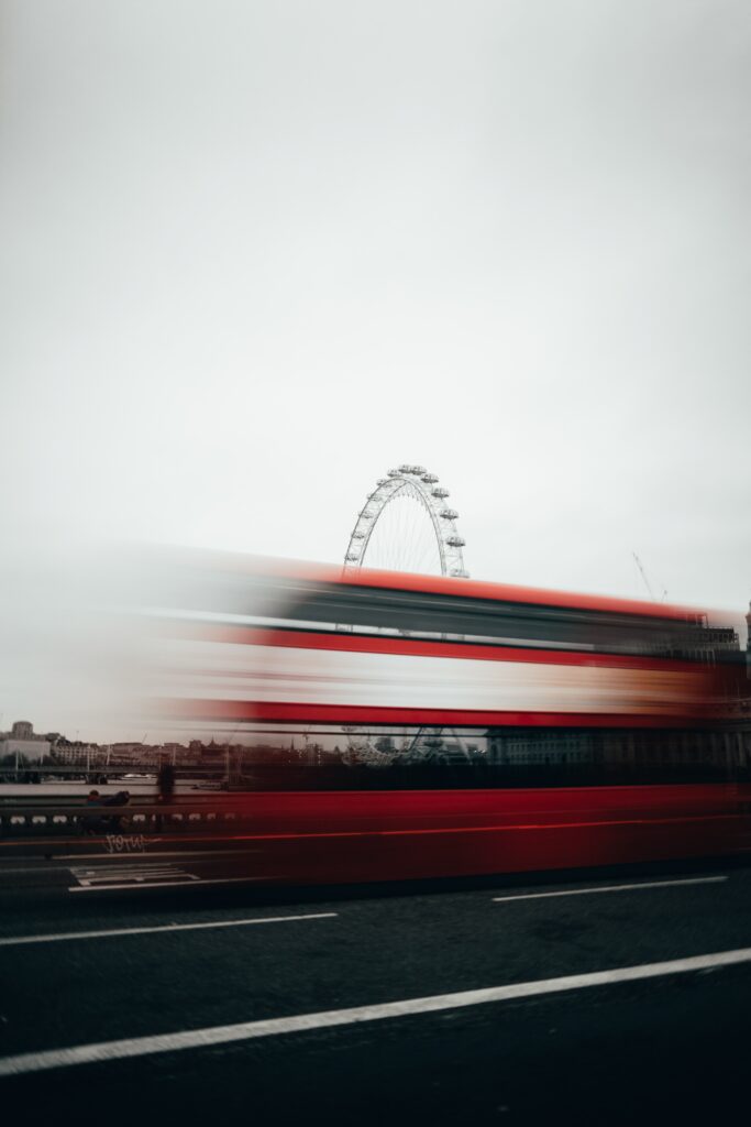Dynamic City Road Long-Exposure Wallpaper with London Eye and Red Bus