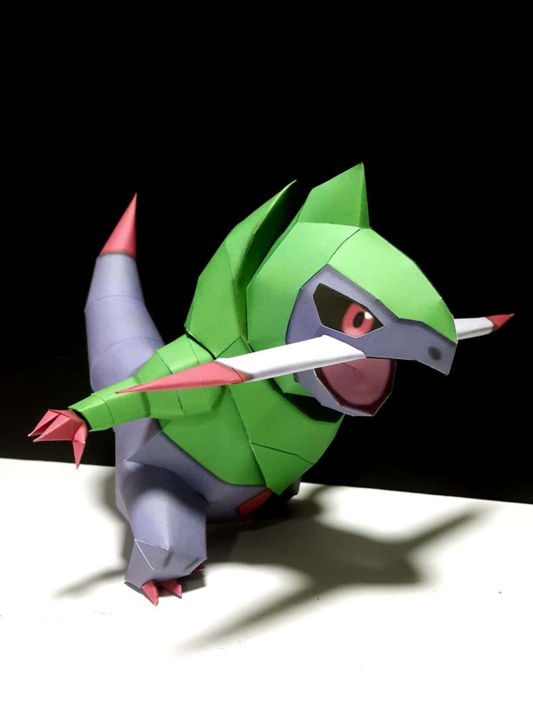 Low-poly 3D papercraft Fraxure with green purple textures on black and white background wallpaper