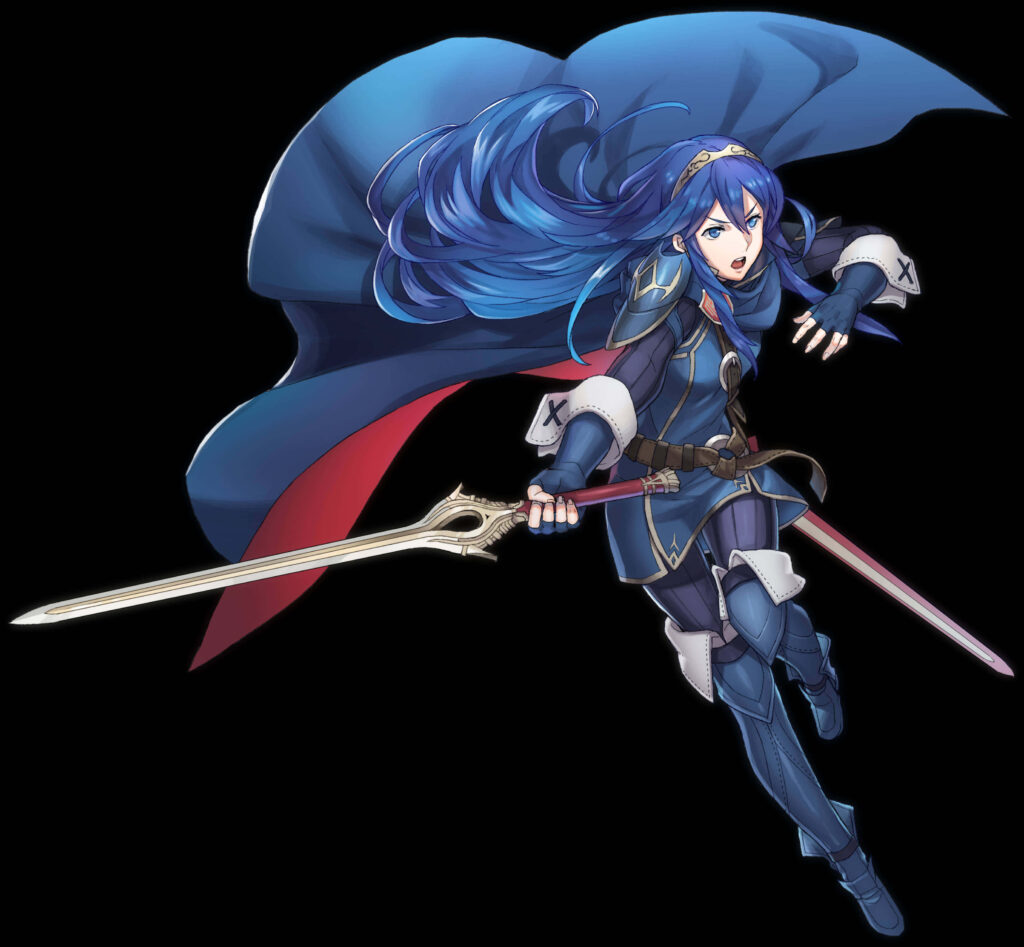 Lucina in Action: Dynamic Sword-Wielding Illustration in Blue Armor Wallpaper