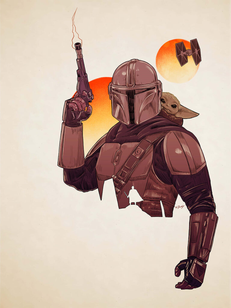 Dynamic Mandalorian Wallpaper with Grogu in Star Wars Setting