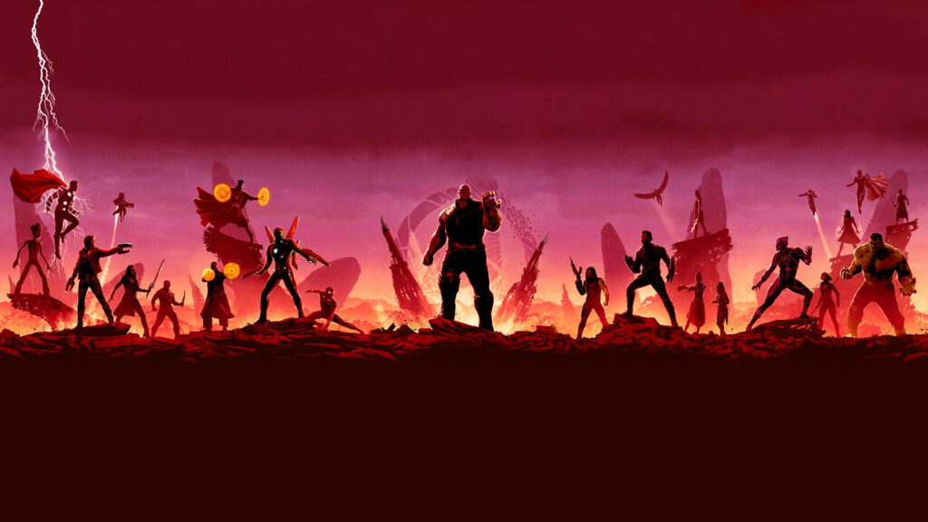 Minimalist Marvel Silhouettes on Fiery Background - Striking Wallpaper
