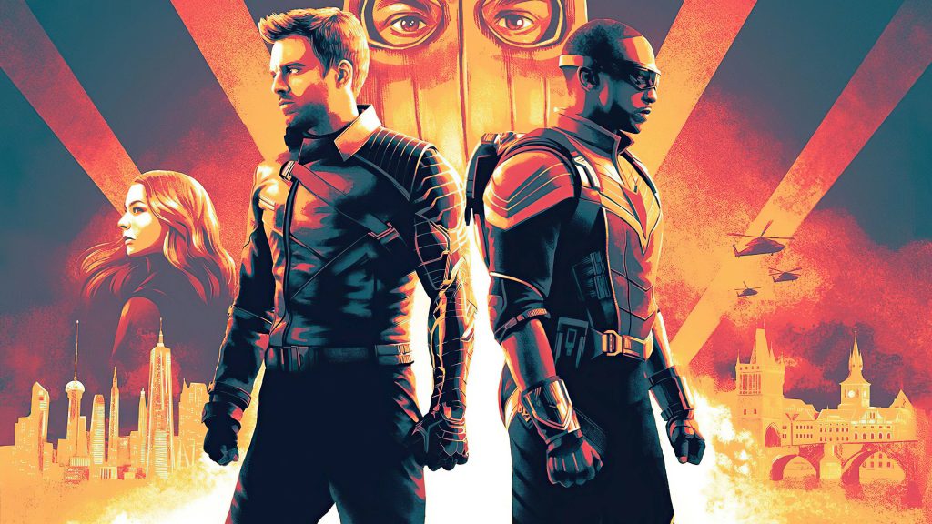 Dynamic Marvel wallpaper with Bucky Barnes Sam Wilson Sharon Carter Baron Zemo mask cityscape background