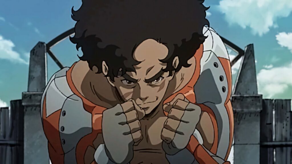 Dynamic Megalo Box Wallpaper: Determined Fighter in Industrial Scene