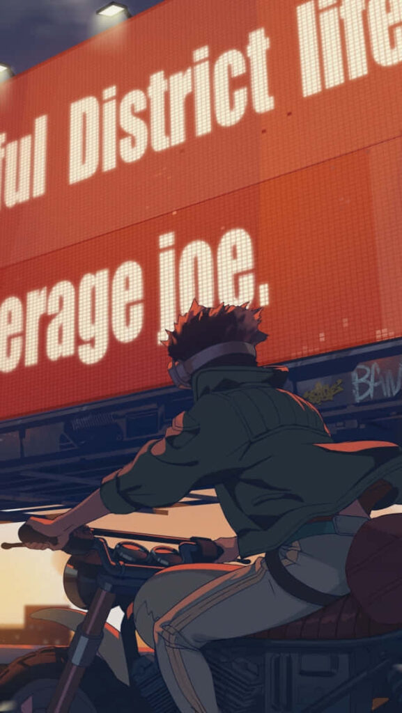 Futuristic Megalo Box Wallpaper: Protagonist on Motorcycle in Urban Scene