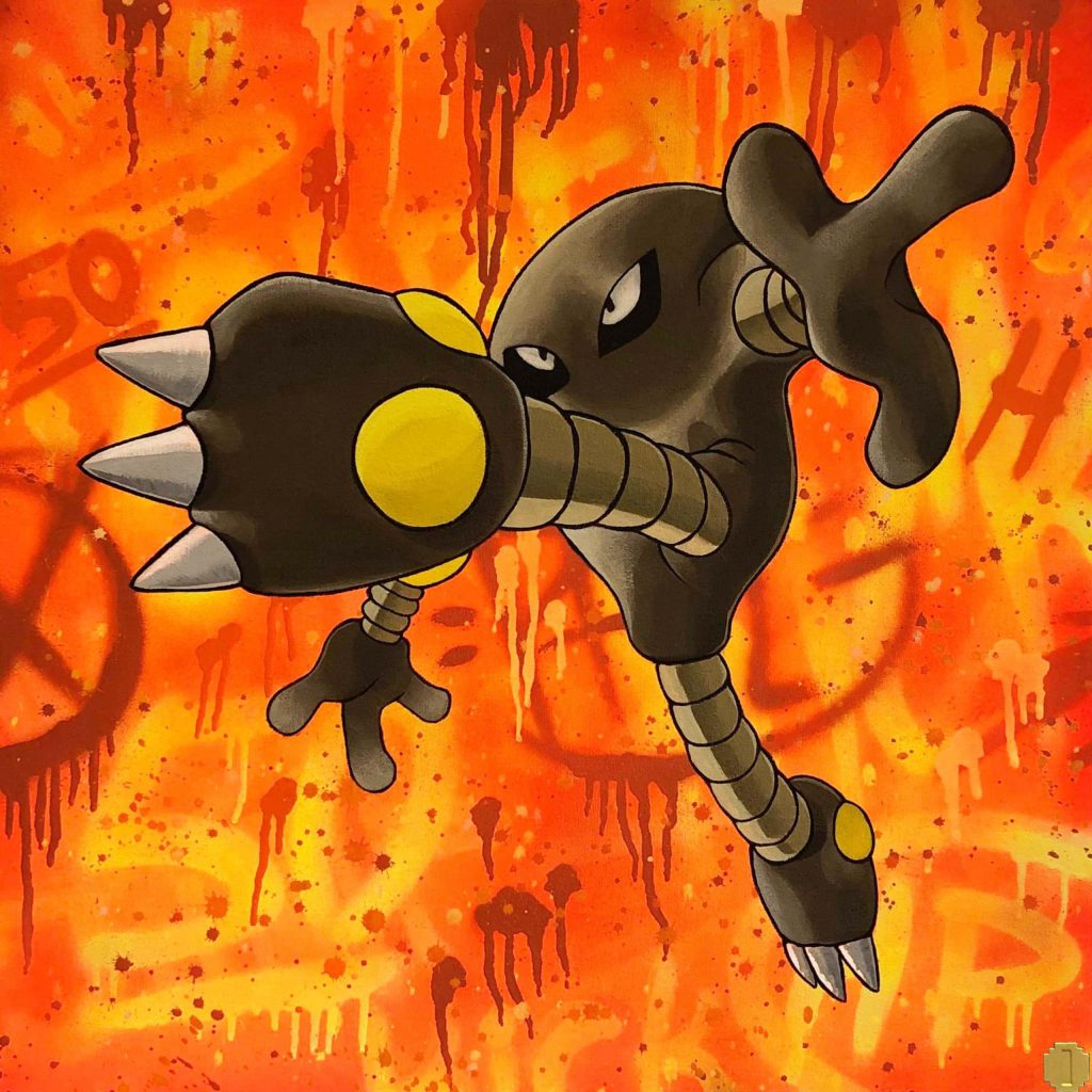 Dynamic metallic Fighting-type Pokémon striking pose on bold orange graffiti background wallpaper