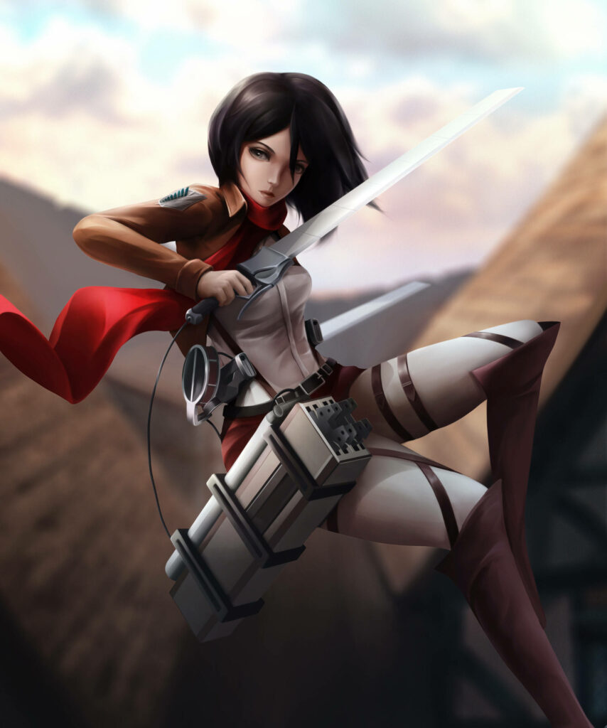 Dynamic Mikasa Ackerman Wallpaper: Strength in Action Pose
