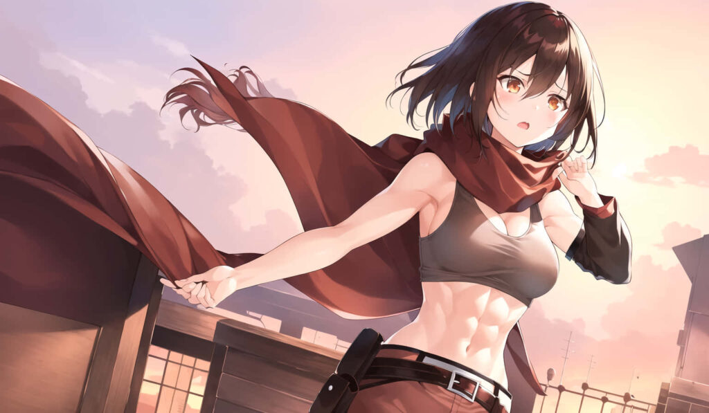 Mikasa Wallpaper: Dynamic Pose Against Sunset - Power & Elegance