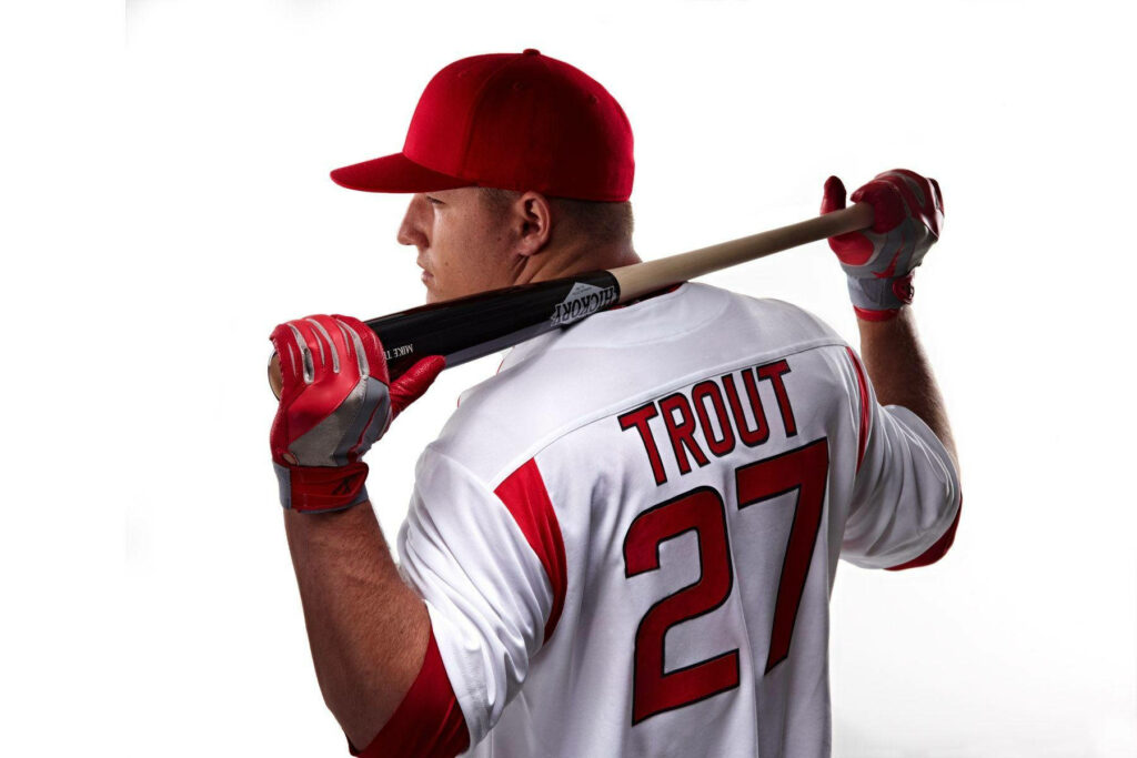 Mike Trout Wallpaper: Iconic #27 Jersey & Hickory Bat Background