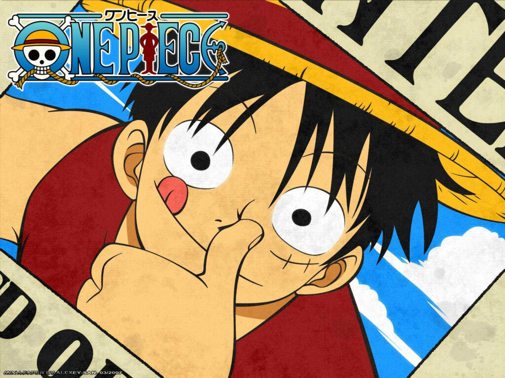 One Piece: Luffy's Playful Wanted Poster Portrait - Vibrant Desktop Background Wallpaper