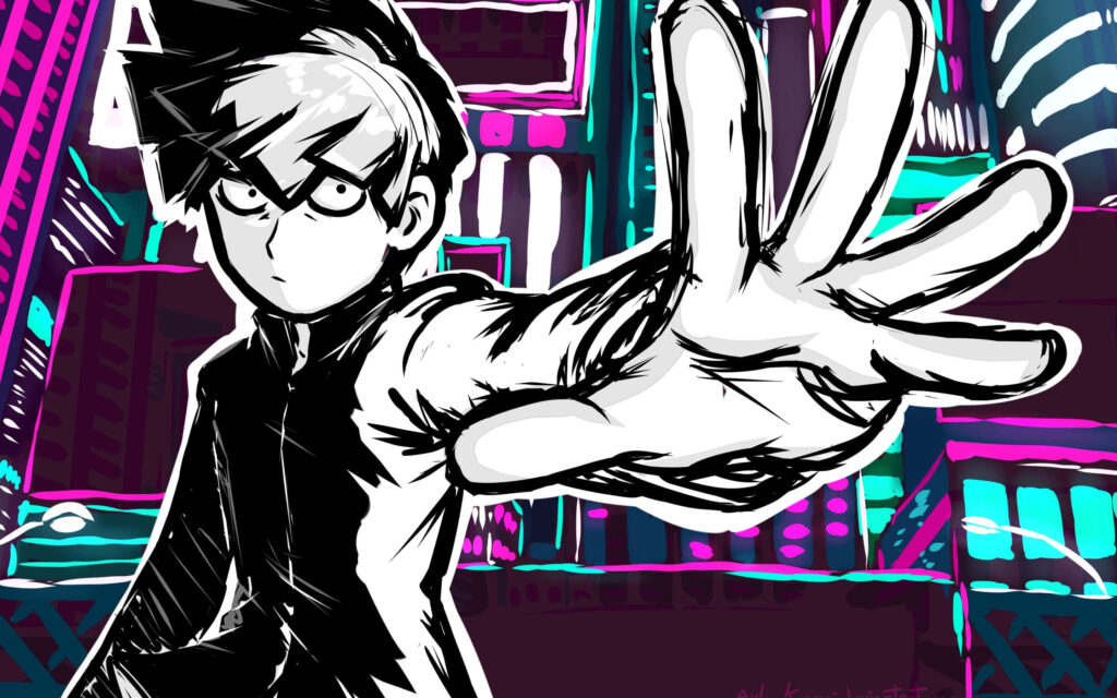 Dynamic Mob Psycho 100 Wallpaper: Bold Line Art & Neon Cityscape