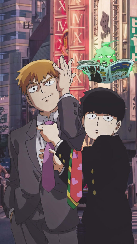 Vibrant Mob Psycho 100 Wallpaper: Mob & Reigen Duo in Cityscape