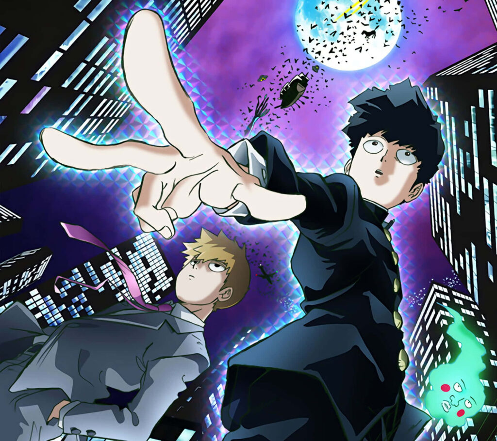 Dynamic Mob Psycho 100 Wallpaper: Mob, Reigen, & Dimple in Moonlit City