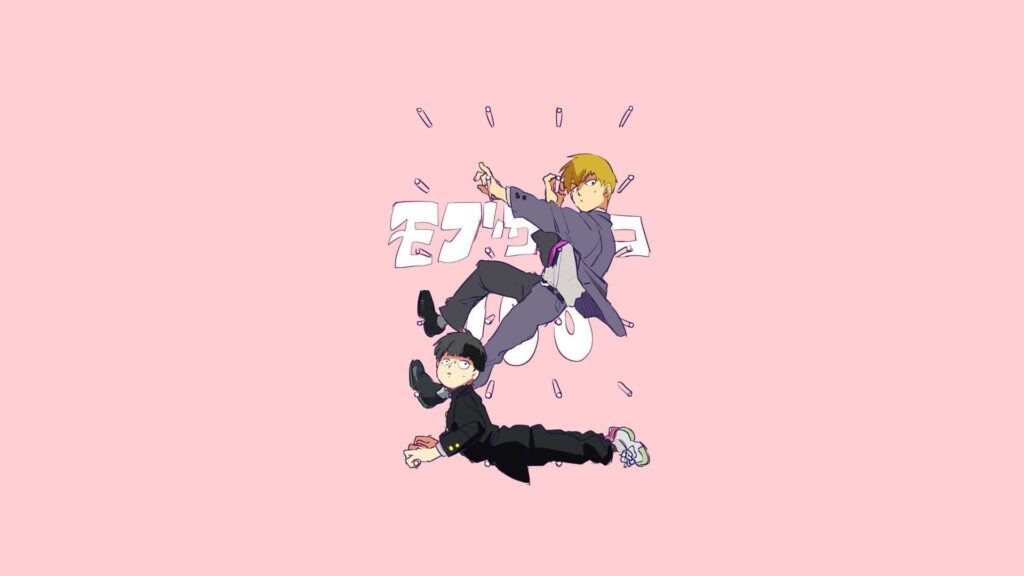 Dynamic Mob and Reigen Wallpaper: Vibrant Pastel Pink Background