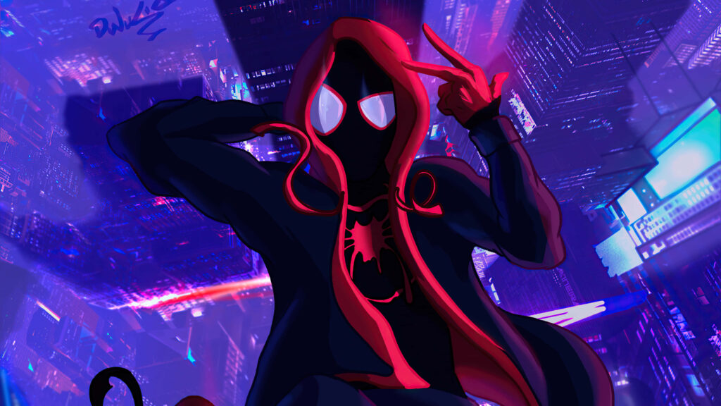Dynamic Stillness: Miles Morales Strikes a Pose in Iconic Hoodie Jacket Wallpaper