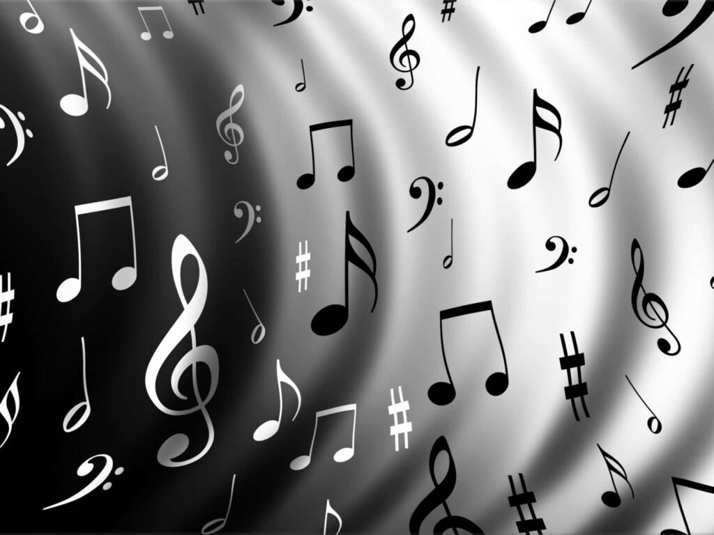 Dynamic Music Notes Wallpaper on Gradient Black to White Background