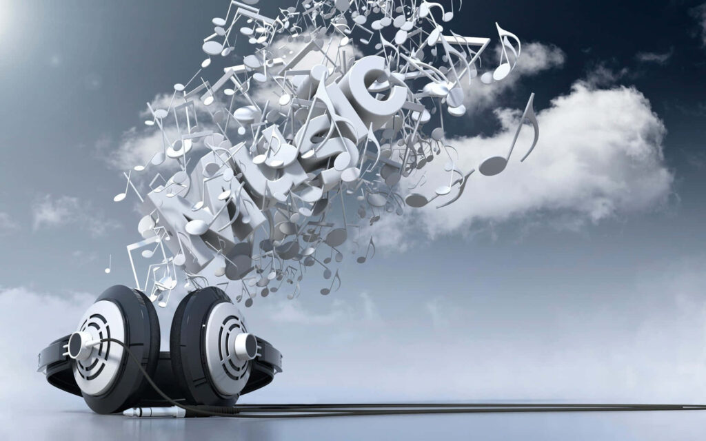 Dynamic Headphones Wallpaper with 3D Music Notes & Gradient Sky
