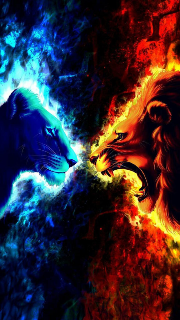 Vibrant Wallpaper: Fiery Lion vs. Cool Lioness - Elemental Balance