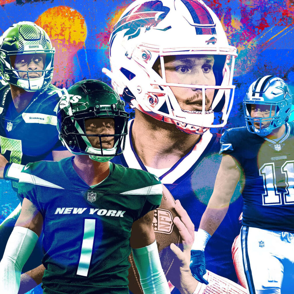 Dynamic NFL wallpaper with Ahmad Sauce Gardner Josh Allen vibrant team uniforms intense players