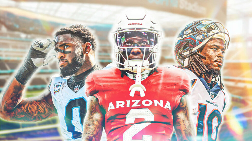 Three NFL players in vibrant team uniforms with stadium background showcasing football intensity Wallpaper