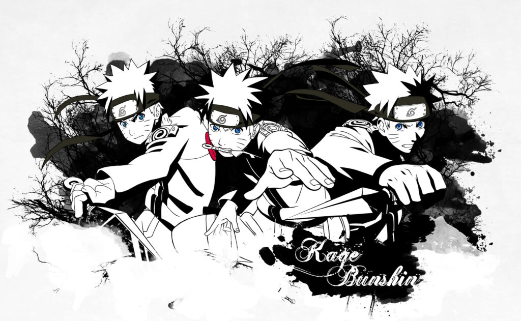 Dynamic Naruto Uzumaki Black & White Wallpaper with Ink Splashes