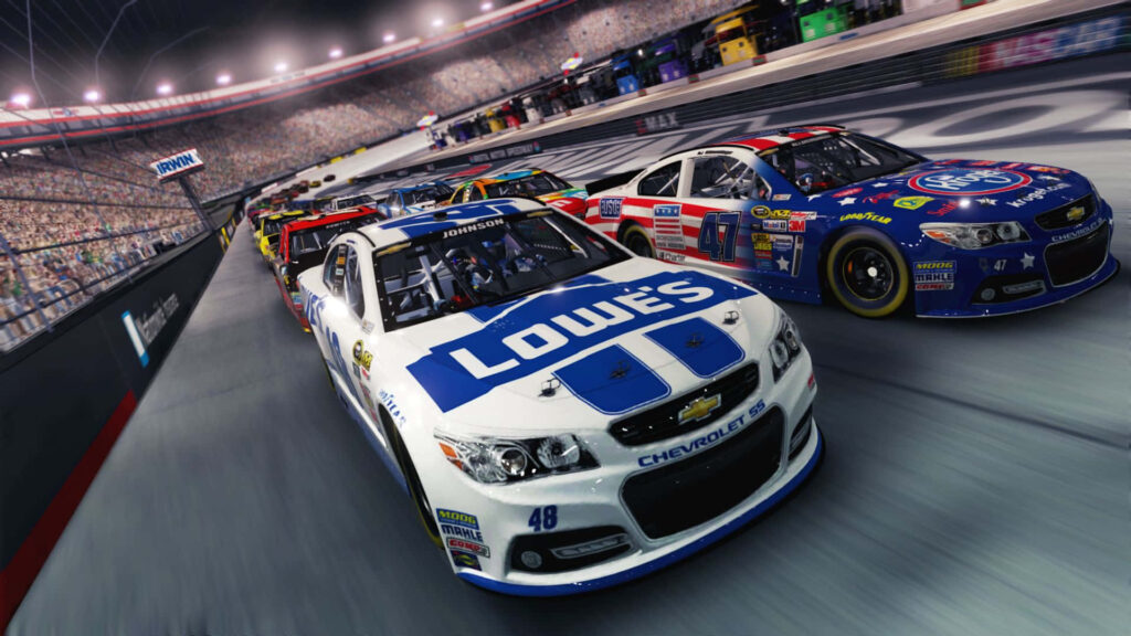Nascar race cars speeding on track captured from Dutch angle dynamic motorsport wallpaper background