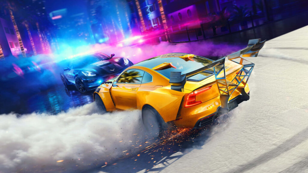 Thrilling Need for Speed Wallpaper: Yellow Car Drifting in Neon City