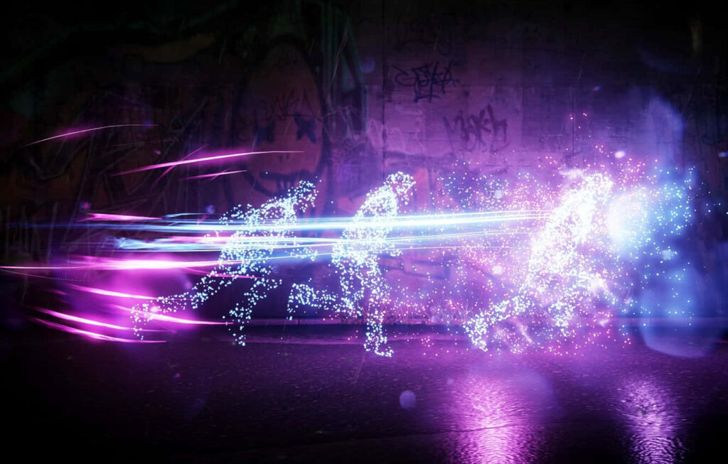 Dynamic Neon Figures Running: Urban Graffiti Wallpaper Background