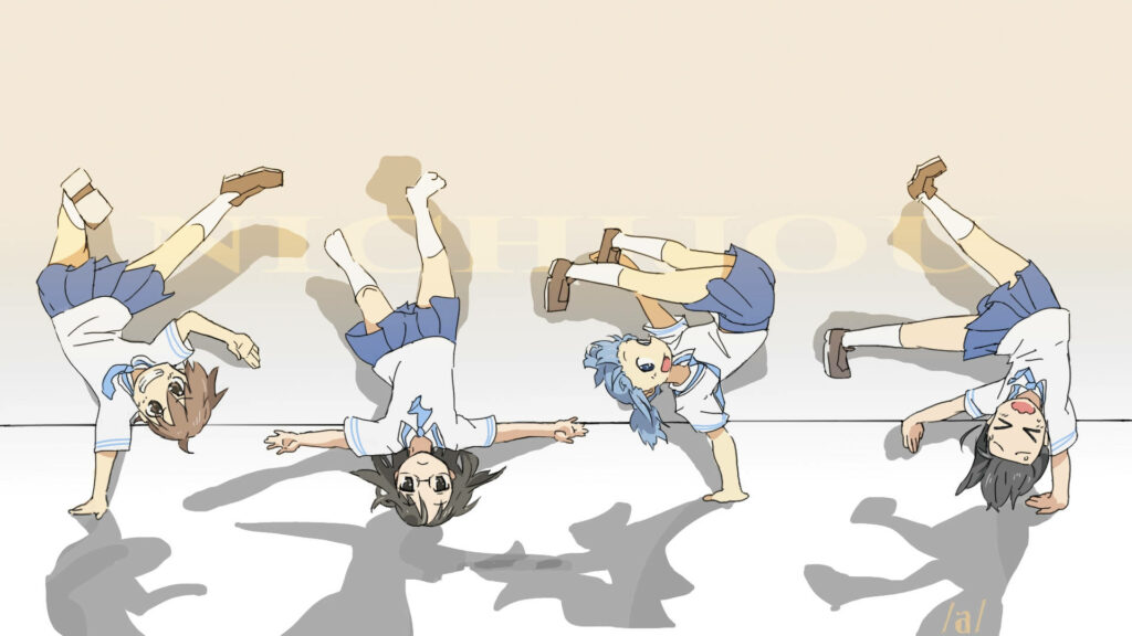 Playful Nichijou Wallpaper: Anime Characters Cartwheeling Fun