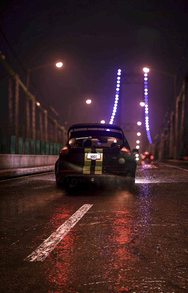 Nighttime Cityscape: Sleek Car on Shimmering Bridge Wallpaper