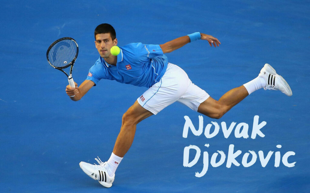Novak Djokovic Tennis Action Wallpaper: Dynamic Blue Background