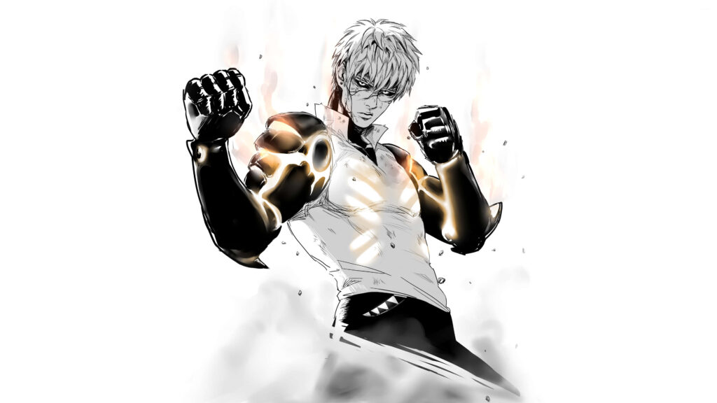 Dynamic One-Punch Man Genos Wallpaper: Fiery Determination & Bold Stance