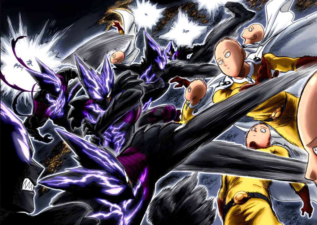 Dynamic Saitama Action Scene Wallpaper - One-Punch Man Hero Ready for Battle