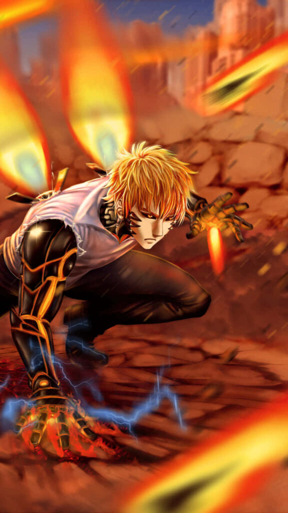 Intense One-Punch Man Genos Action Wallpaper - Vivid Cyborg Battle