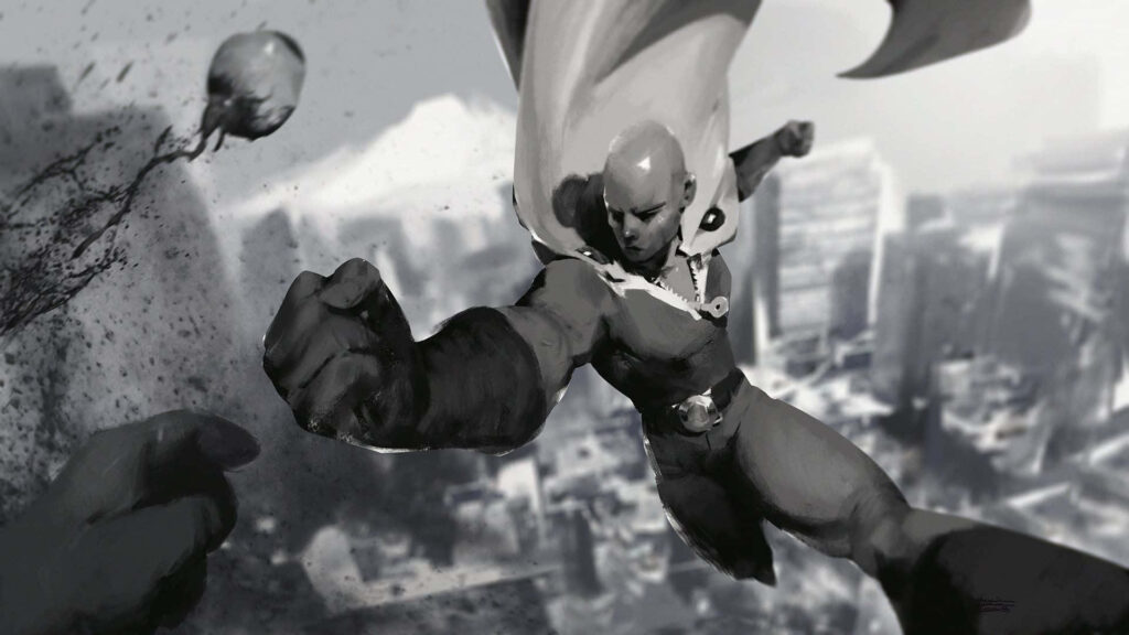 One Punch Man Intense Wallpaper: Monochrome Mid-Punch Scene