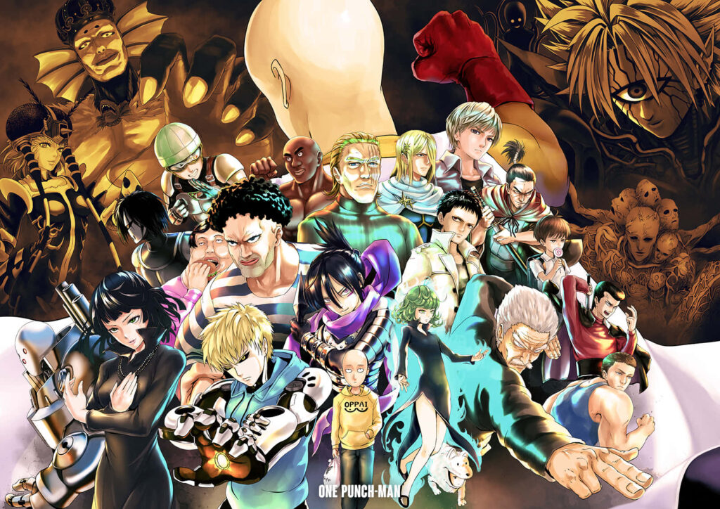 Dynamic One-Punch Man Wallpaper: Saitama & Crew Ready for Action