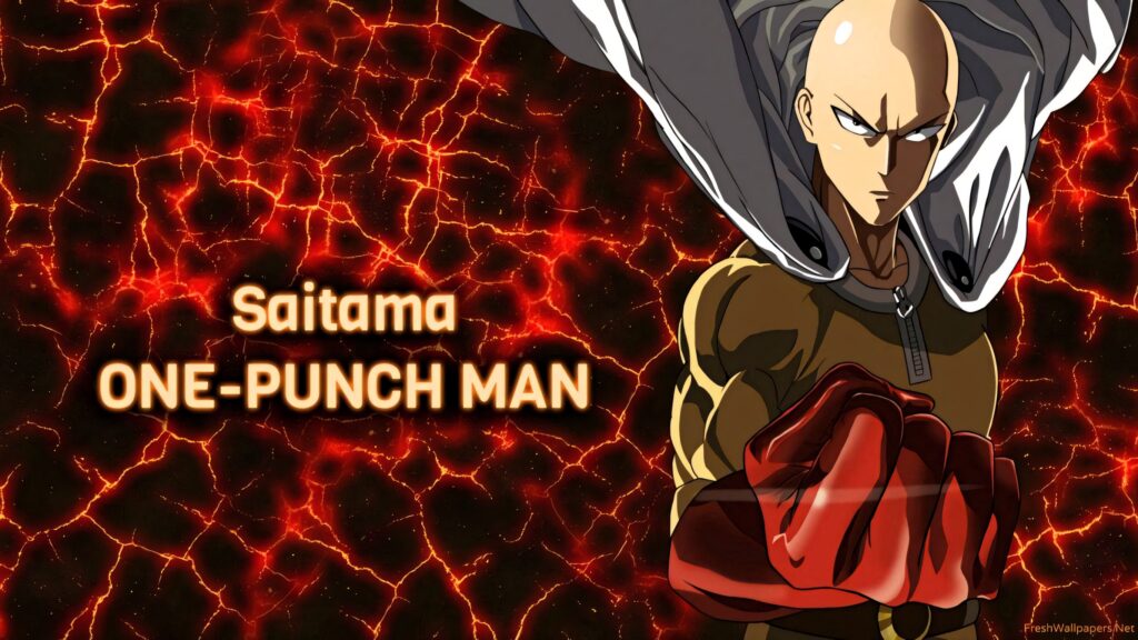 Dynamic Saitama Wallpaper: Iconic Hero in Fiery Cartoon Design