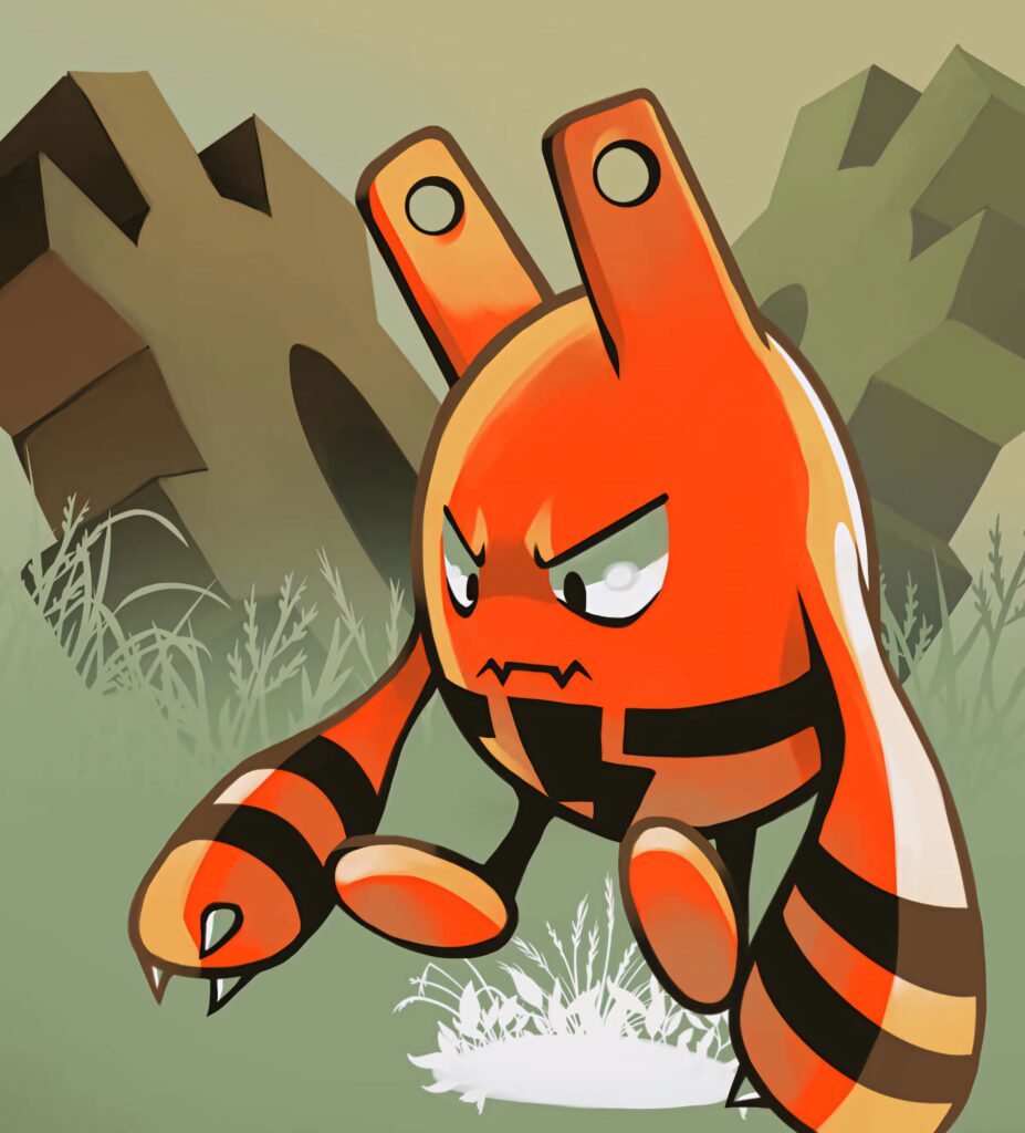 Dynamic orange Elekid in action with abstract rocky background vibrant digital wallpaper