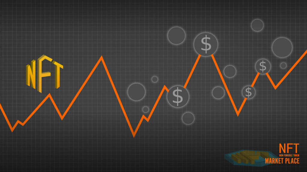 Orange line graph showing NFT stock trends with dollar symbols on dark grid digital market wallpaper